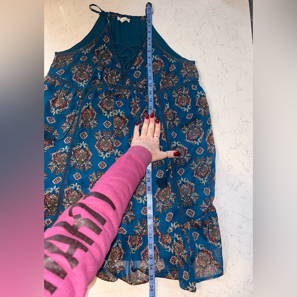 Coco + Jaimeson Bohemian Festival Print Lined Teal Mini Dress Tunic Tank Top - Picture 11 of 14